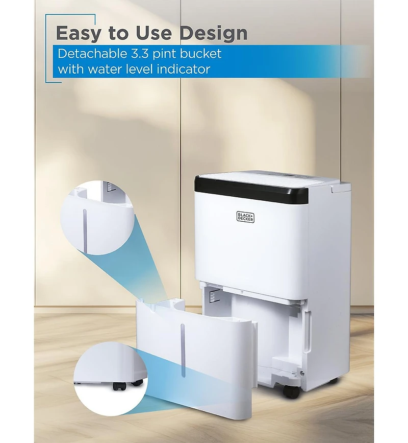 Black+Decker 1000 Sq. Ft. Dehumidifier for Home, Bedroom and Basement, Up To 9 Pints Per Day, Energy Star Certified, 3.3-Pint Bucket, White