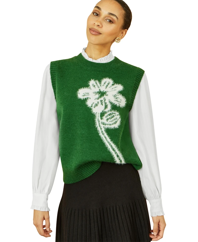Yumi Women's Knitted Floral Sleeveless Sweater Vest