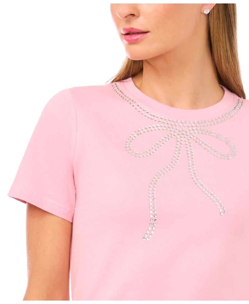 CeCe Women's Flowy Bow Gem Trim T-Shirt