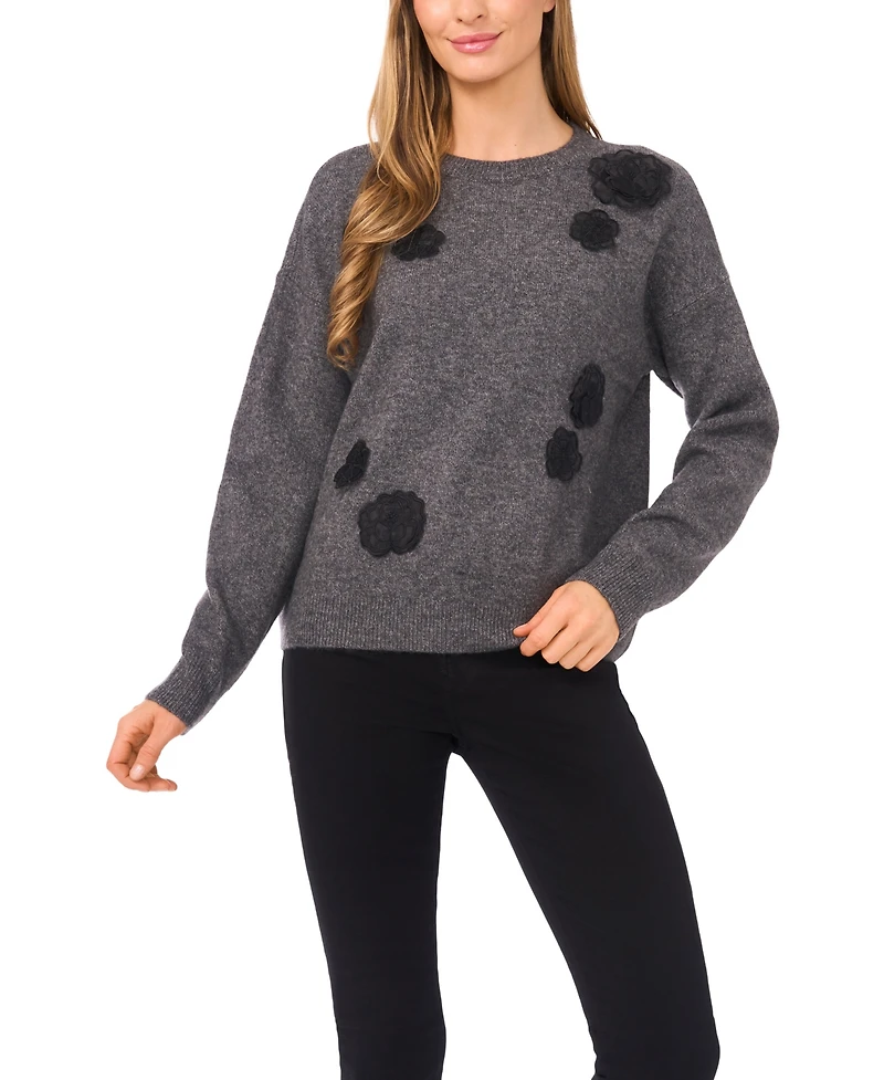 CeCe Women's Flower Applique Long Sleeves Sweater