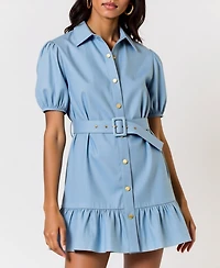 Modenaire Women's 100% Cotton Belted Puff-Sleeve Mini Dress