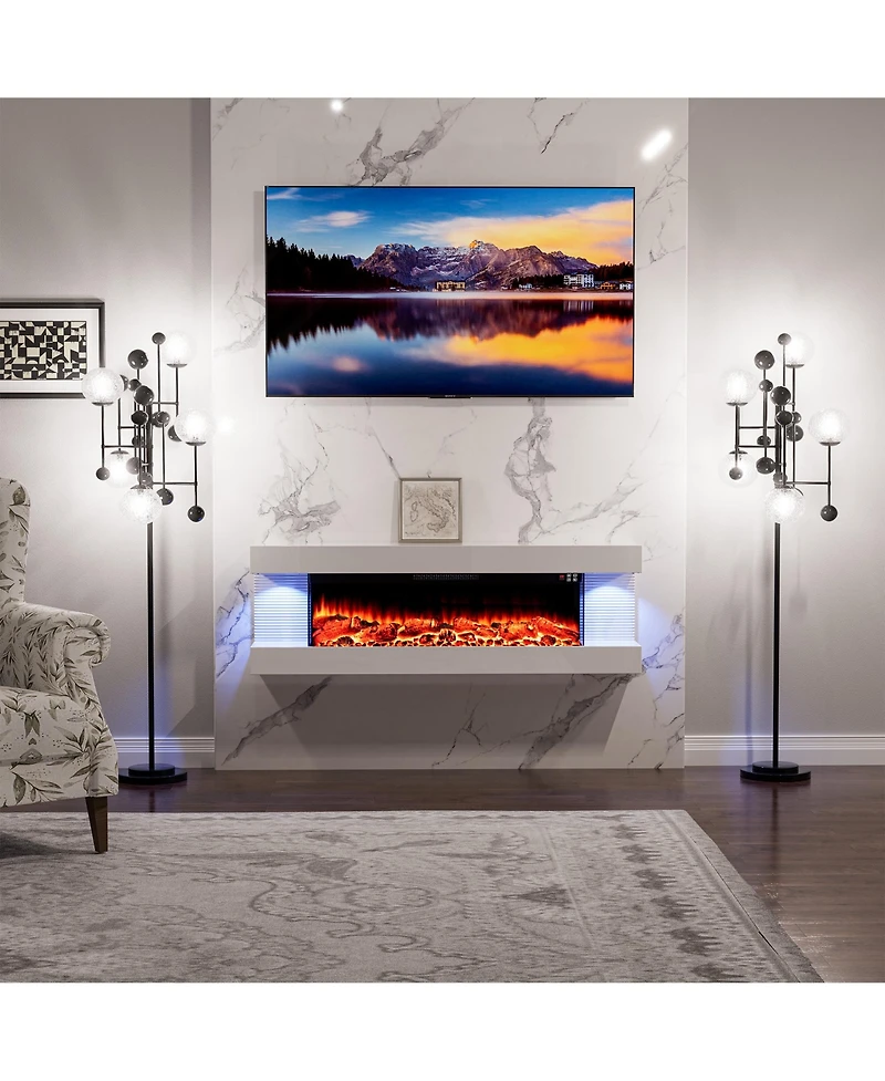 Clihome Sided Wall Mounted Led Electric Fireplace With Floating Mantel,Remote Control Adjustable Heat