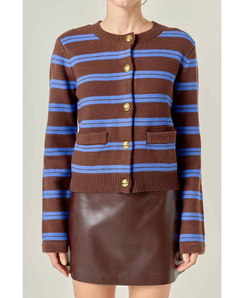 English Factory Women's Striped Gold Buttom Cardigan