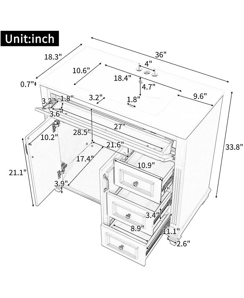 Casainc 36" Bathroom Vanity with Sink, Cabinet Flip-Out Drawer, 3 Drawers, 2 Soft-Close Doors, Solid Wood and Mdf, Premium Hardware