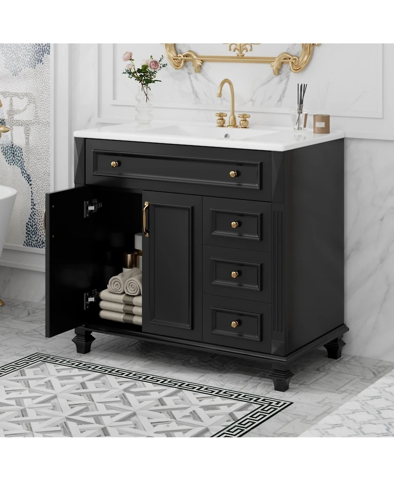 Casainc 36" Bathroom Vanity with Sink, Cabinet Flip-Out Drawer, 3 Drawers, 2 Soft-Close Doors, Solid Wood and Mdf, Premium Hardware