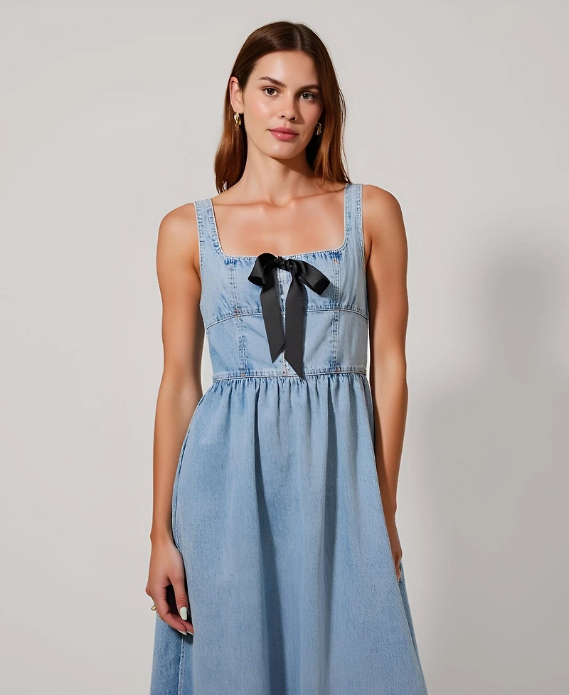 Modenaire Women's Denim Square Neck Midi Dress