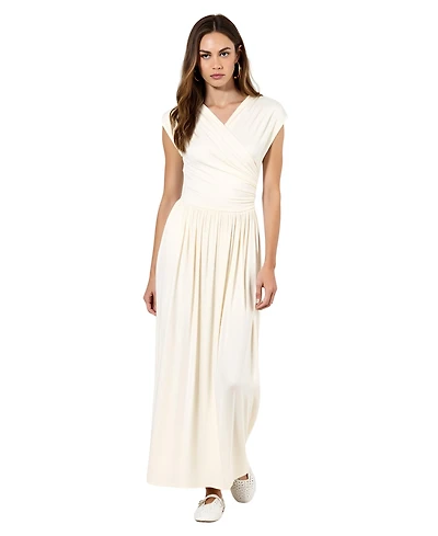 Modenaire Women's Sleeveless Faux Wrap Shirred Waist Maxi Dress