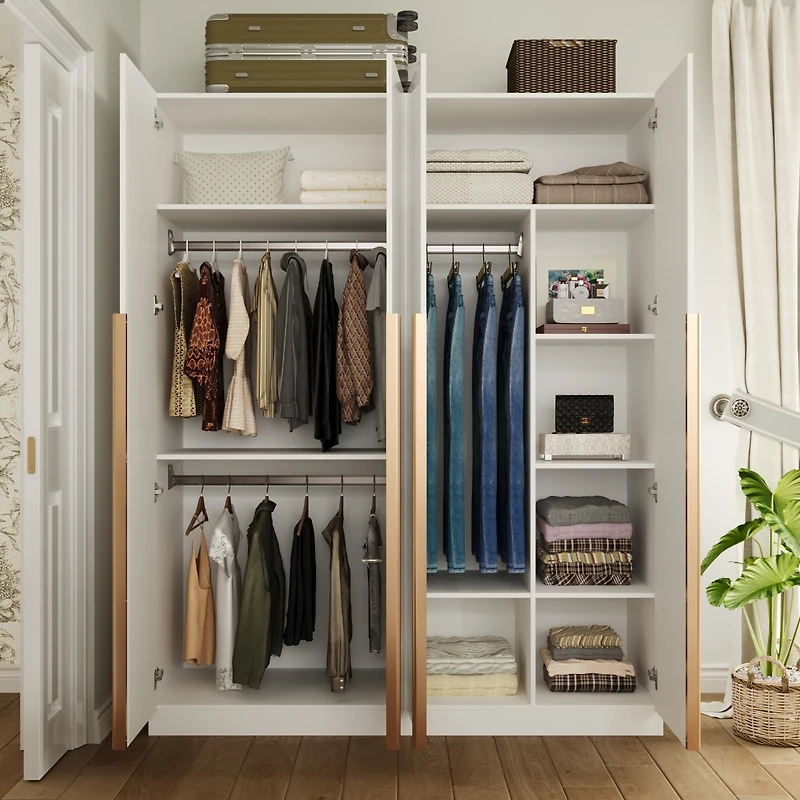 Mirror Finished Armoire, Wardrobe with 10-Shelves, 3-Bars & 4-Large Doors,Bedroom Closet