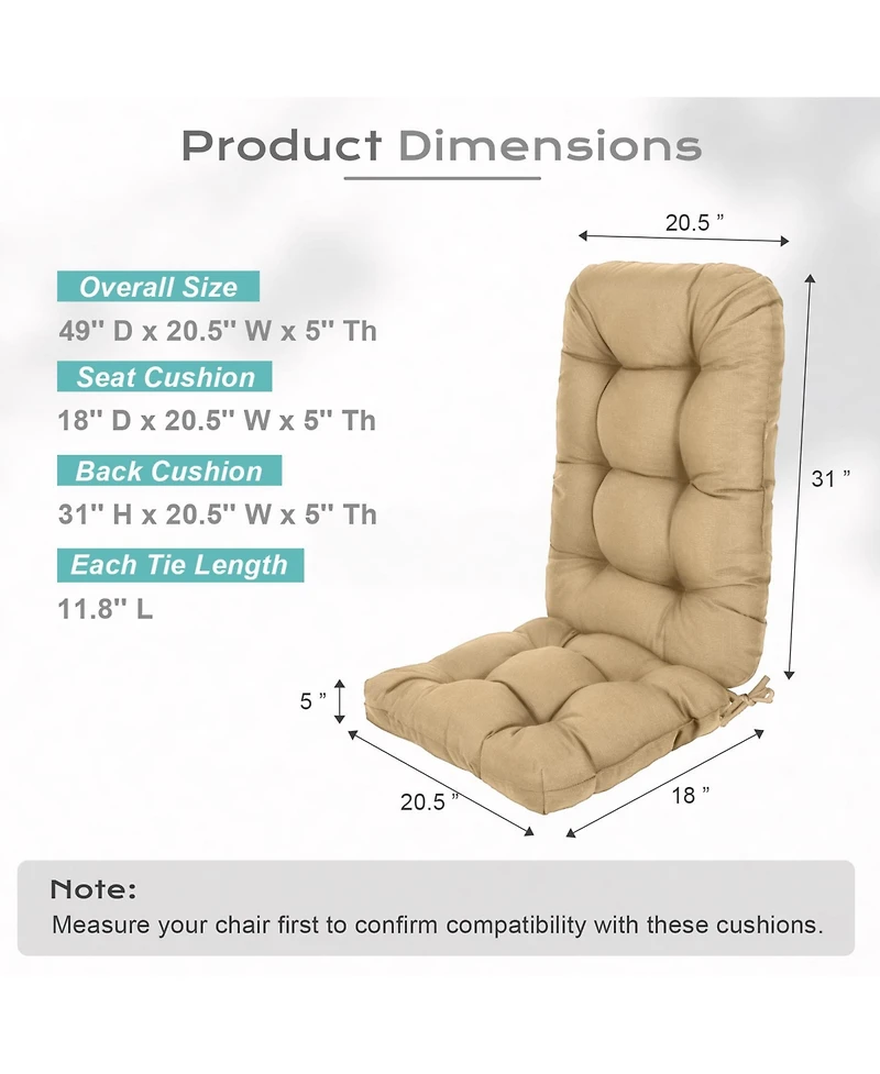 Aoodor Tufted Adirondack Chair Cushion, Outdoor High Back Cushions with Ties, Waterproof and Fade Resistant, Set of 2