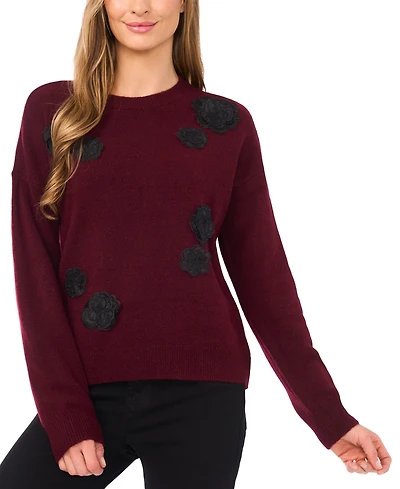 CeCe Women's Flower Applique Long Sleeves Sweater
