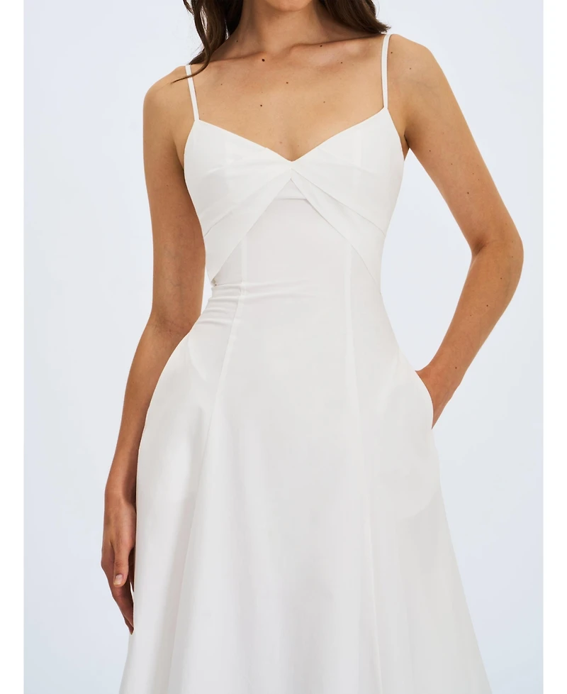 Miss Circle Women's Corinne White Poplin Flared Maxi Dress with Removable Bow