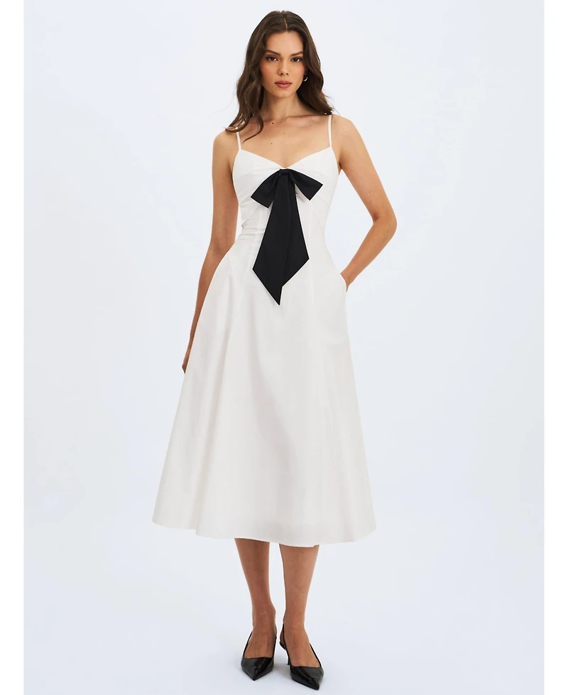 Miss Circle Women's Corinne White Poplin Flared Maxi Dress with Removable Bow