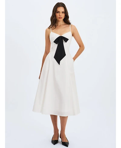 Miss Circle Women's Corinne White Poplin Flared Maxi Dress with Removable Bow