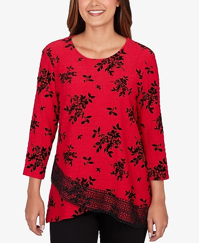 Ruby Rd. Petite Floral Flocked Texture Lace Trim Top