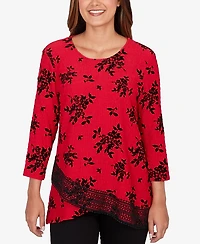 Ruby Rd. Petite Floral Flocked Texture Lace Trim Top