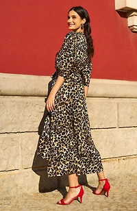 Yumi Women's Leopard Print Kimono Sleeve Wrap Dress