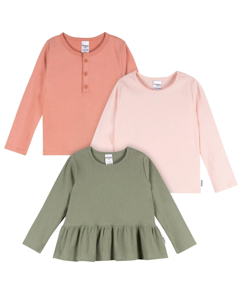 Gerber Toddler Girls 3-Pack Long Sleeve Shirts, Green/Pink/Coral, 4T
