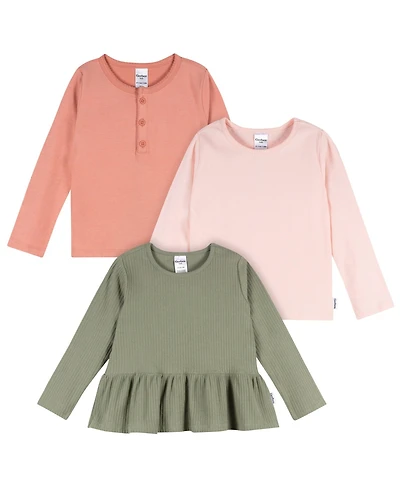Gerber Toddler Girls 3-Pack Long Sleeve Shirts, Green/Pink/Coral, 4T