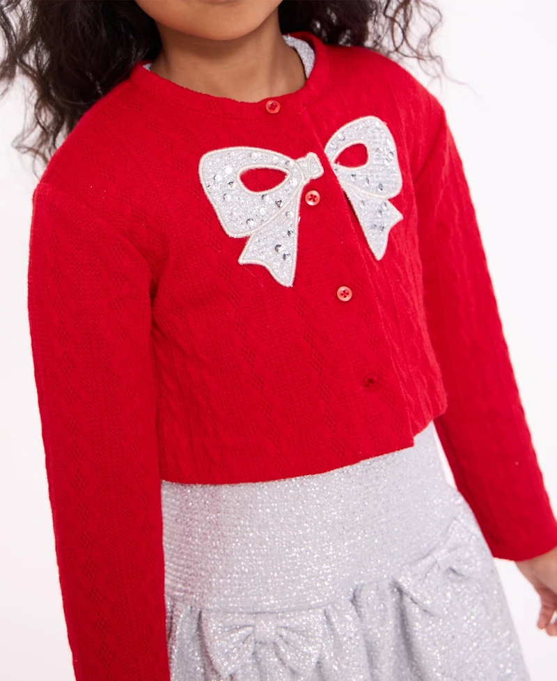 Bonnie Jean Girls 2T-6X 2-Piece Foiled Knit Dress and Bow Cardigan Set