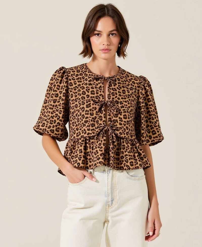 Modenaire Women's Leopard-Print Front-Tie Puff-Sleeve Peplum Top