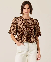 Modenaire Women's Leopard-Print Front-Tie Puff-Sleeve Peplum Top
