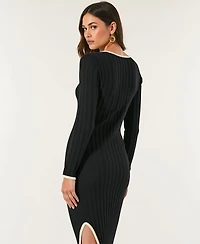 Modenaire Women's Ribbed Knit Long Sleeve Contrast Trim Midi Dress
