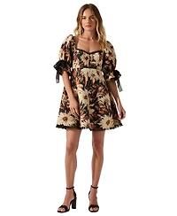 Modenaire Women's Jacquard Floral Puff-Sleeve Chiffon-Trim Mini Dress