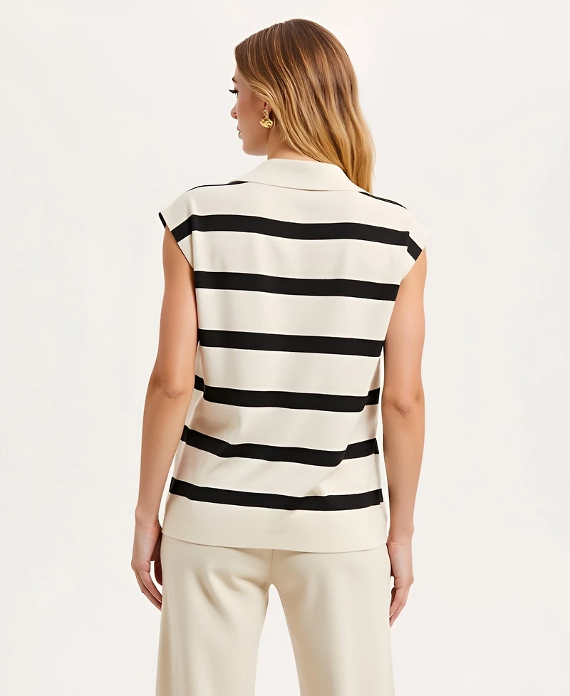 Modenaire Women's Cap Sleeve Striped Knit Polo Top