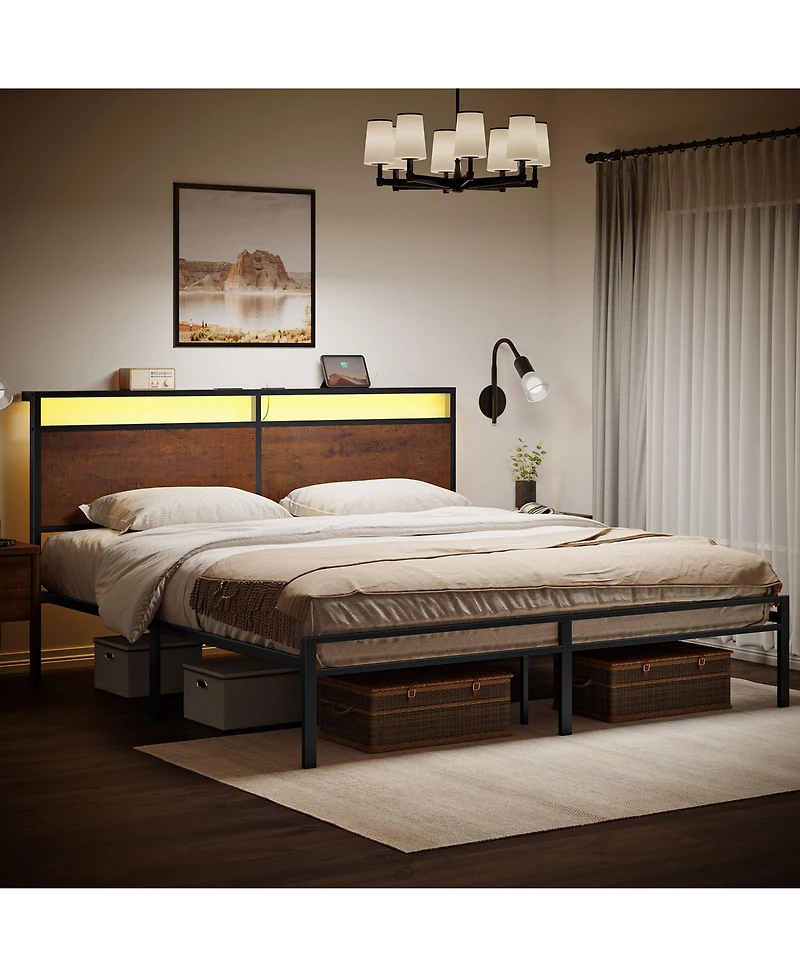 Hausource Industrial King Size Bed Frame with Storage Led Headboard, Charging Station, No Box Spring Needed