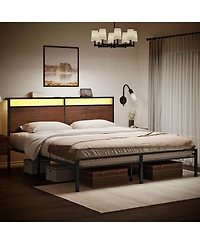 Hausource Industrial King Size Bed Frame with Storage Led Headboard, Charging Station, No Box Spring Needed