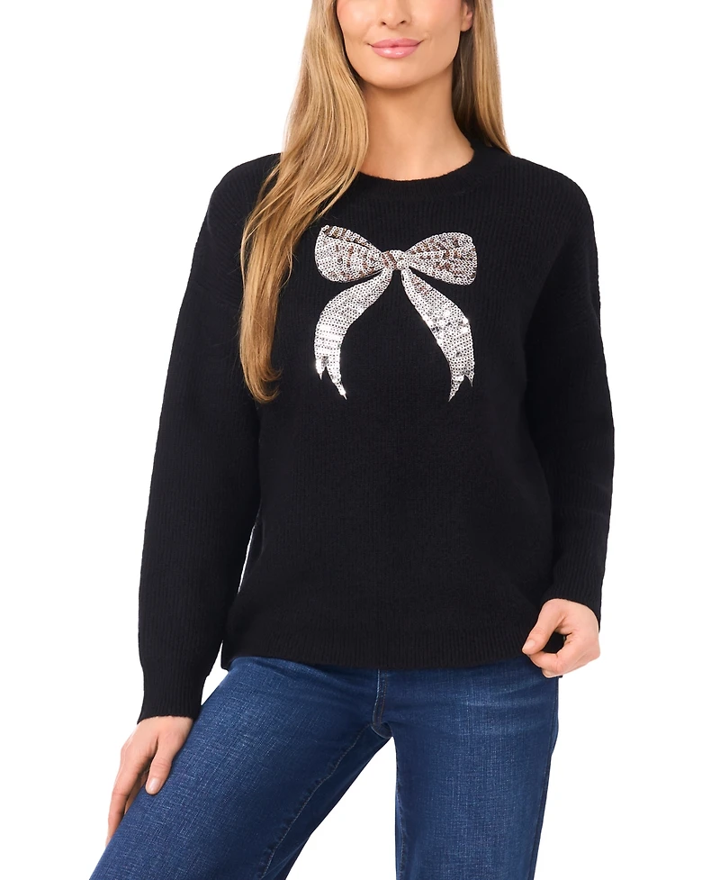 CeCe Women's Sequin Bow Pull On Sweater