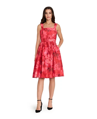 Tahari Asl Women's Square Neck Printed Jacquard Fit and Flare Dress