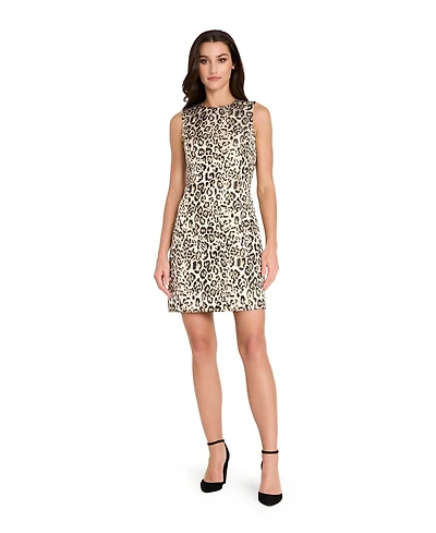 Tahari Asl Women's Metallic Leopard Print Crew Neck Sheath Dress
