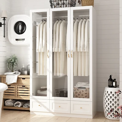 Tempered Glass Doors Armoires Wardrobe with Hanging Rods, 3-Drawers, Gold handles,Bedroom Closet