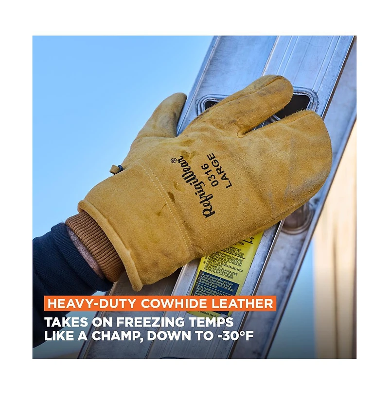 RefrigiWear Men's Heavy-Duty 3-Finger Mitt with Double Cuff - Insulated Leather Gloves for Extreme Cold Protection