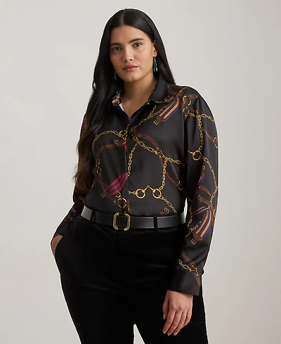 Lauren Ralph Plus Classic Fit Belting-Print Satin Shirt