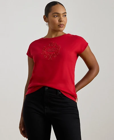 Lauren Ralph Plus Sequined-Crest Cotton Jersey T-Shirt