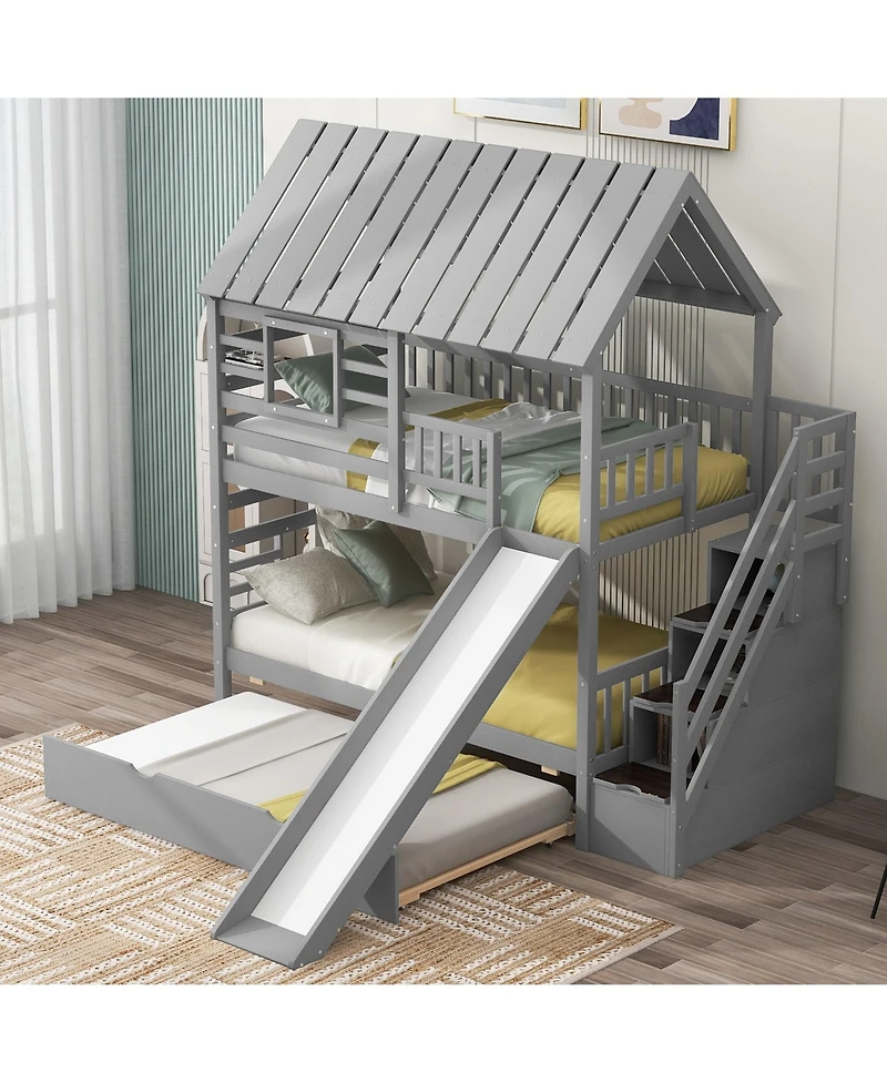 Boyel Living Twin over House Bunk Bed with Trundle and Slide, Storage Staircase, Roof Window Design