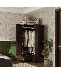 Bedroom Corner Armoire, Wardrobe with 2-Drawers and 2-Hold Bar