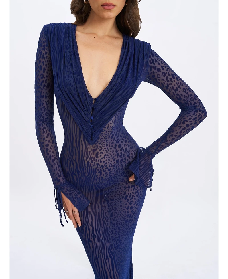 Miss Circle Women's Ilyse Navy V-Neck Plunge Animal Print Mermaid Hem Maxi Dress