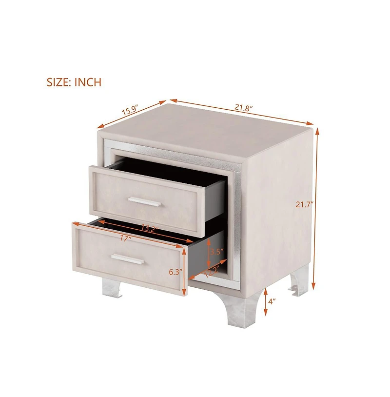 Cesicia Velvet Nightstand with Silver Glitter Strips Vintage Bedside Table 2 Drawers & Metal Legs