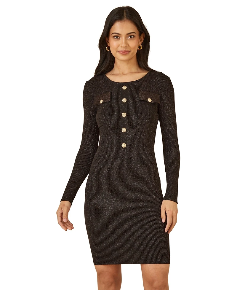 Yumi Women's Metallic Fitted Military Knit Dress