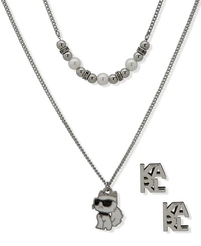 Karl Lagerfeld Paris 2-Pc. Imitation Pearl Silver-Tone Logo Necklace and Earrings Set