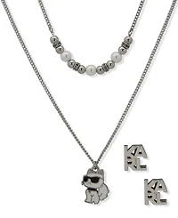 Karl Lagerfeld Paris 2-Pc. Imitation Pearl Silver-Tone Logo Necklace and Earrings Set