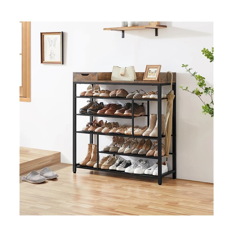 Modern Industrial Free-Standing 6-Layer Shoe Rack with Drawer