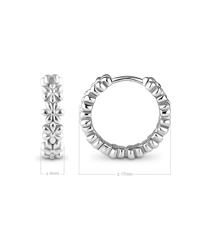 Devata Daisy Flower Hoop Earrings in Rhodium Plated Sterling Silver
