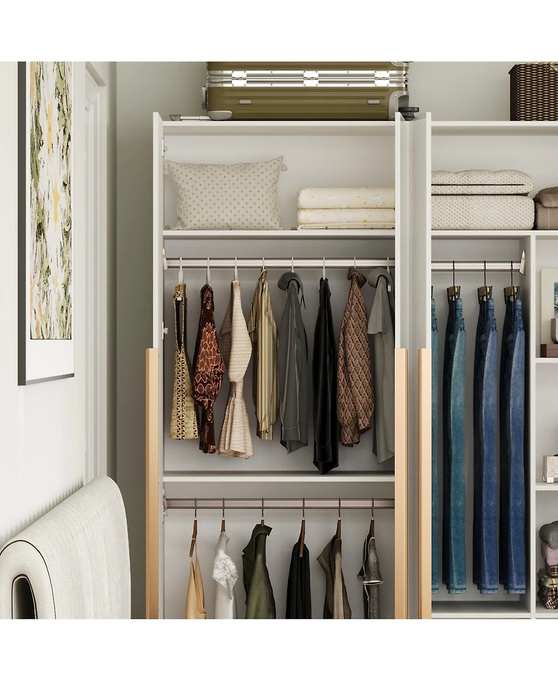 Mirror Finished Armoire, Wardrobe with 10-Shelves, 3-Bars & 4-Large Doors,Bedroom Closet