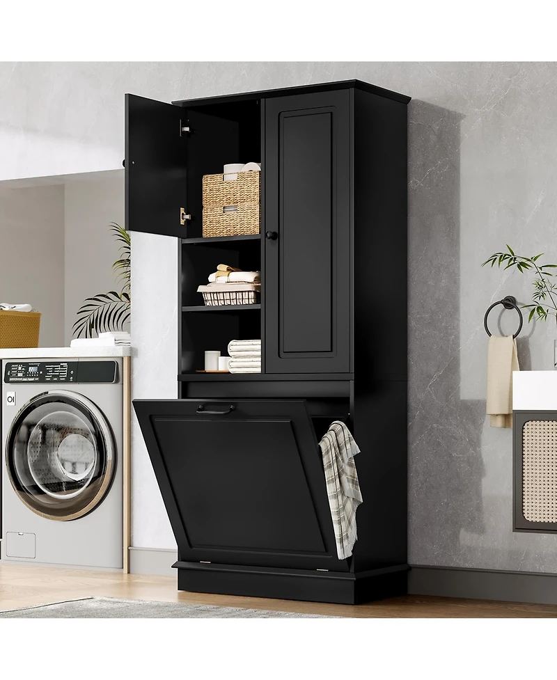 Casainc Tall Storage Cabinet with Adjustable Shelves, Flip-Out Basket and Enclosed Cabinets