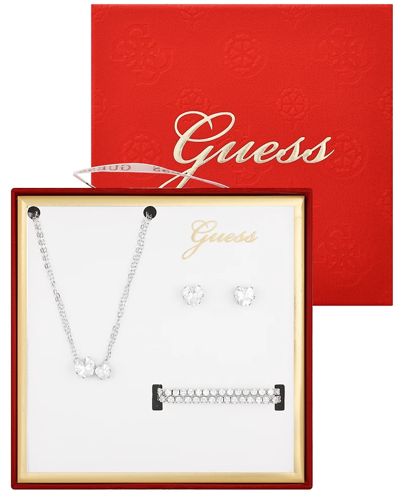 Guess 3-Pc. Cubic Zirconia Gold-Tone Heart Necklace, Stud Earrings, and Bracelet Gift Set