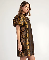 Modenaire Women's Metallic Floral Puff-Sleeve Ruffled-Collar A-Line Mini Dress
